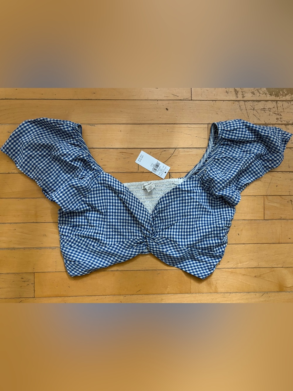 American Eagle Gingham Twist-Front Crop Top - Blue